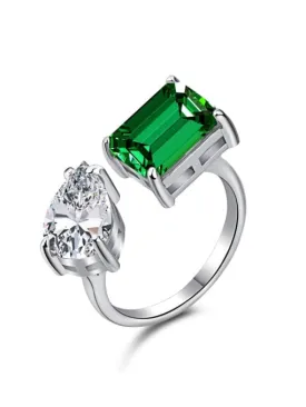 Emerald Green Adjustable Ring, Double Diamond CZ Waterdrop and Rectangle Glam Days Waterproof Ring