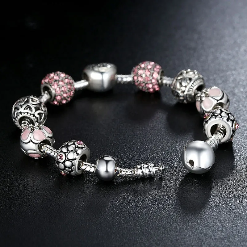 Fashion Antique 925 Silver Charm Bangle & Bracelet with Love and Flower Crystal Ball for Women Wedding