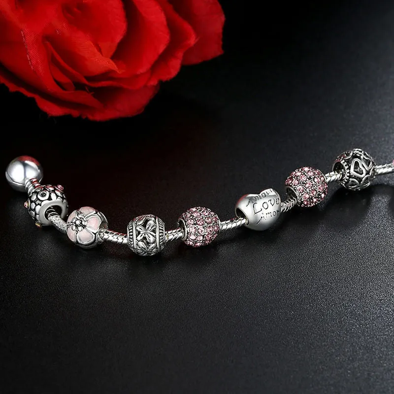 Fashion Antique 925 Silver Charm Bangle & Bracelet with Love and Flower Crystal Ball for Women Wedding