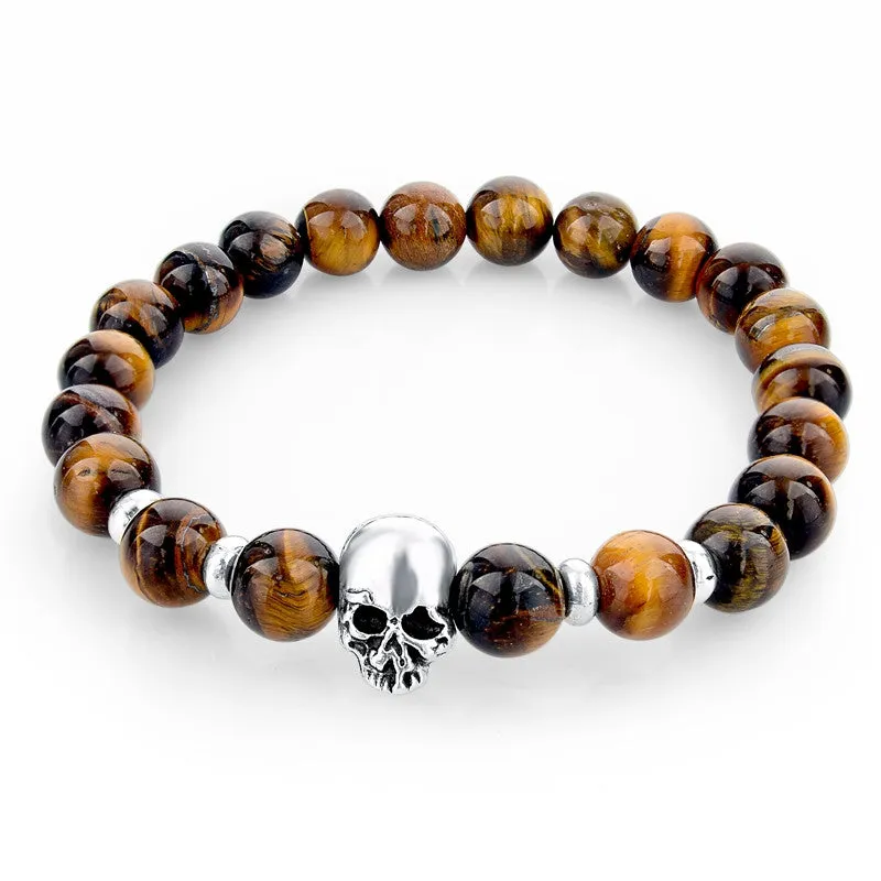 Fashion Handmade Tiger Eye Natural Stone Skull Bracelets & Bangles Black Lava Beads Bracelets For Women Men Jewelry