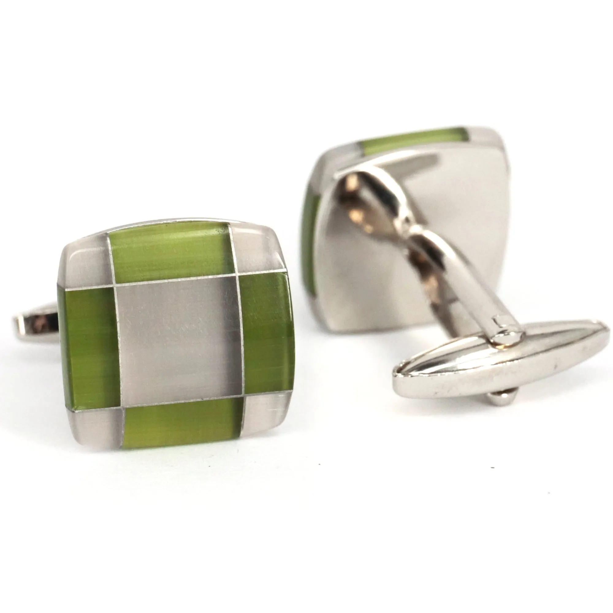 Fiber Glass Rectangle cufflinks in Apple Green and Silver (Online Exclusive)