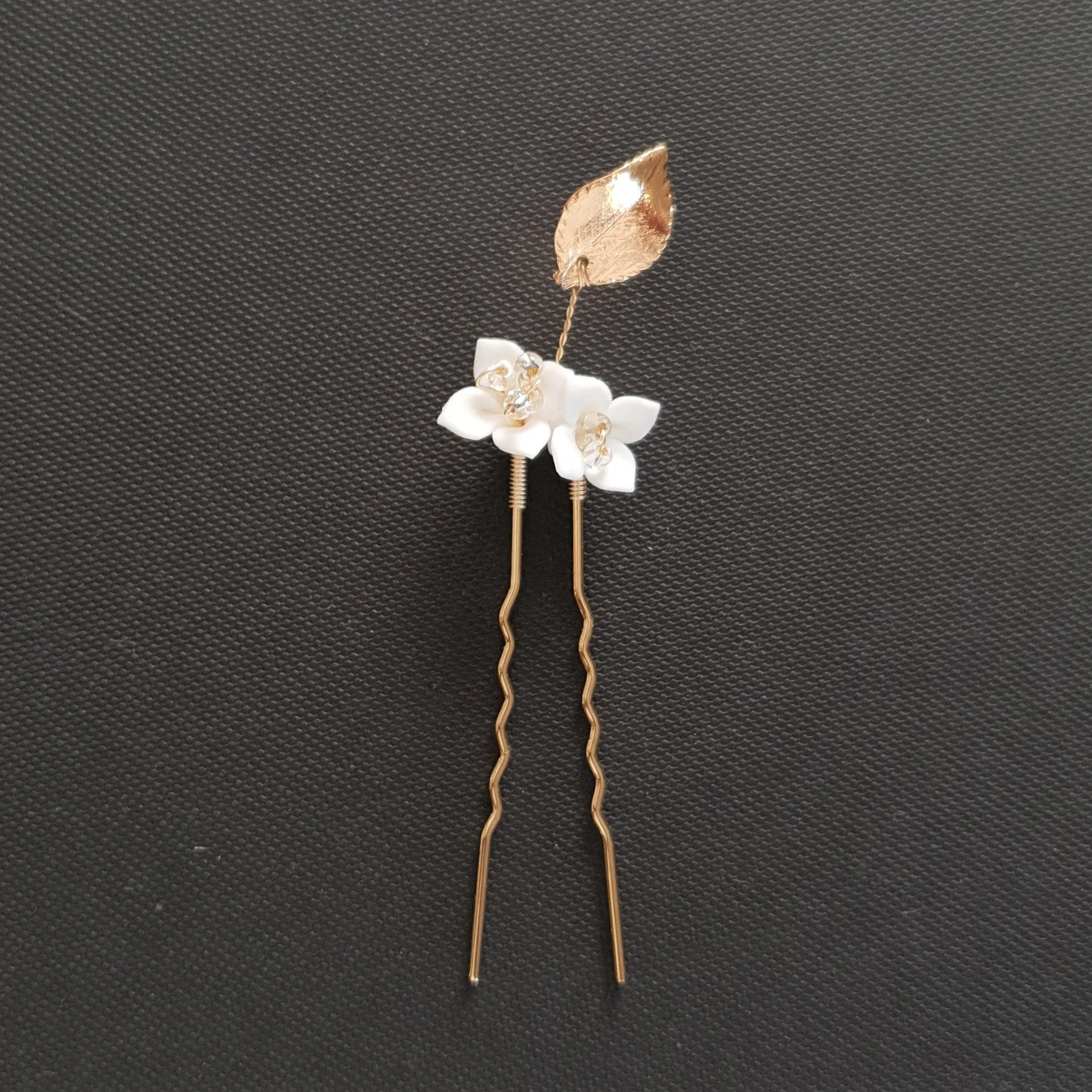 Gold Wedding Hair Pins with White Flowers-Magnolia