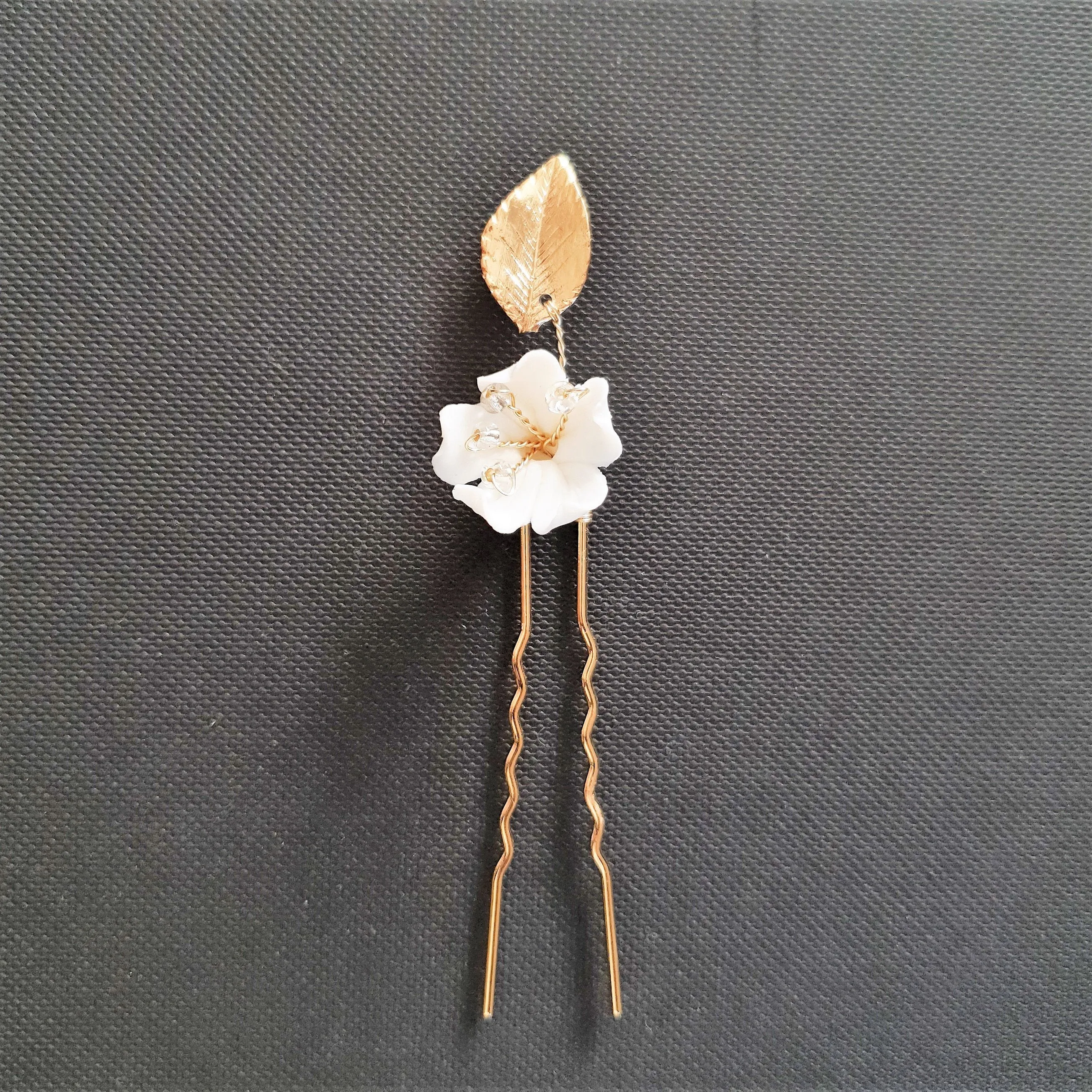 Gold Wedding Hair Pins with White Flowers-Magnolia