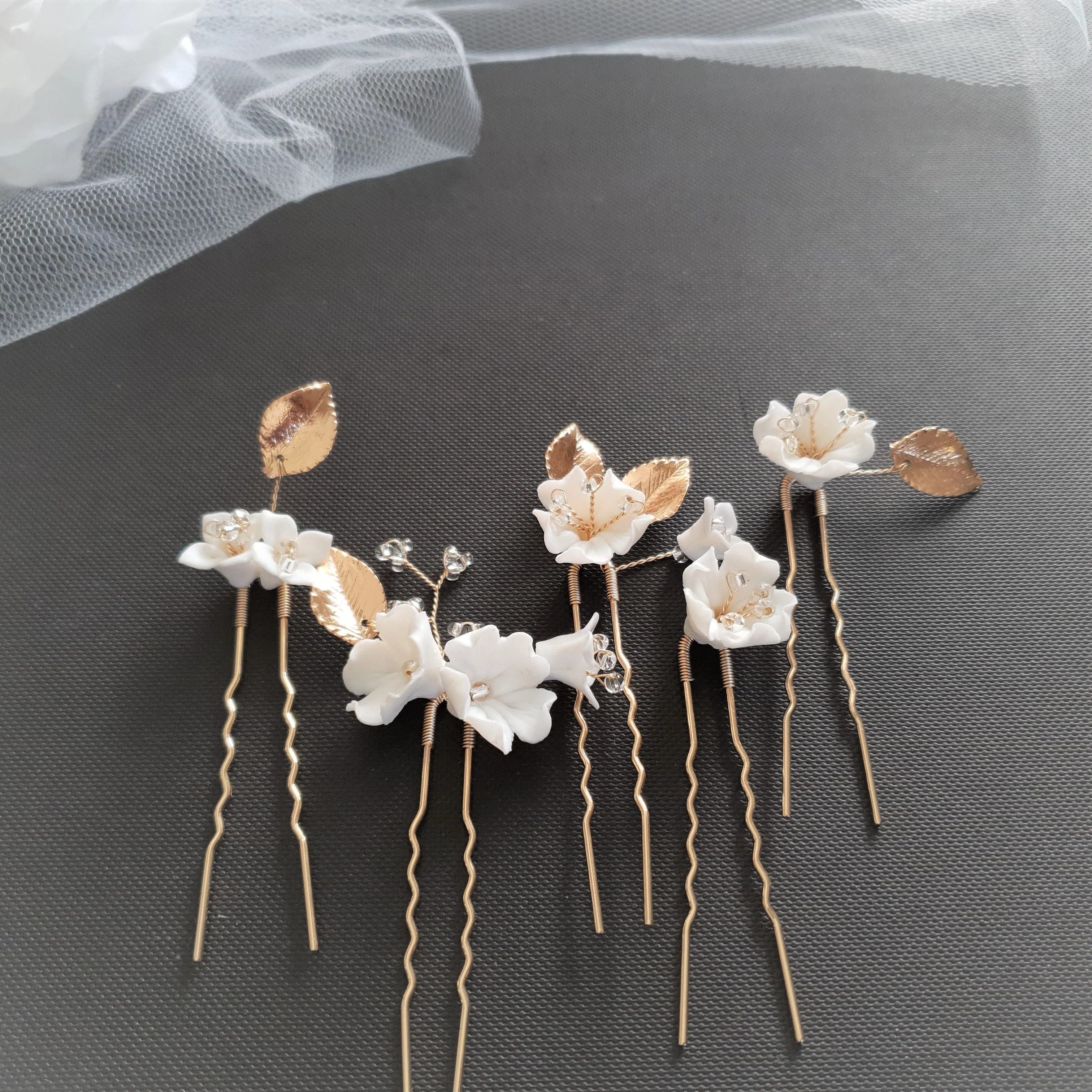 Gold Wedding Hair Pins with White Flowers-Magnolia