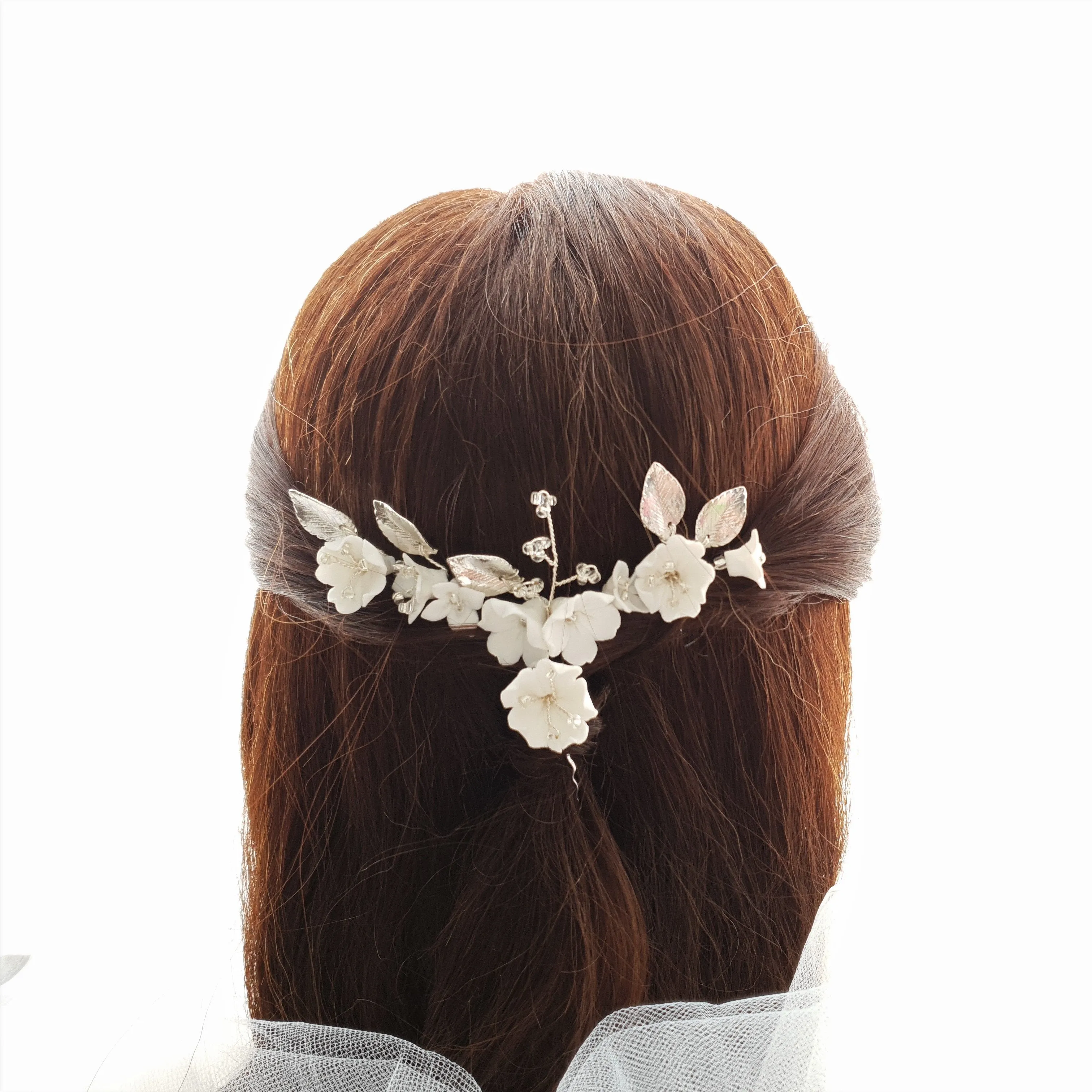 Gold Wedding Hair Pins with White Flowers-Magnolia