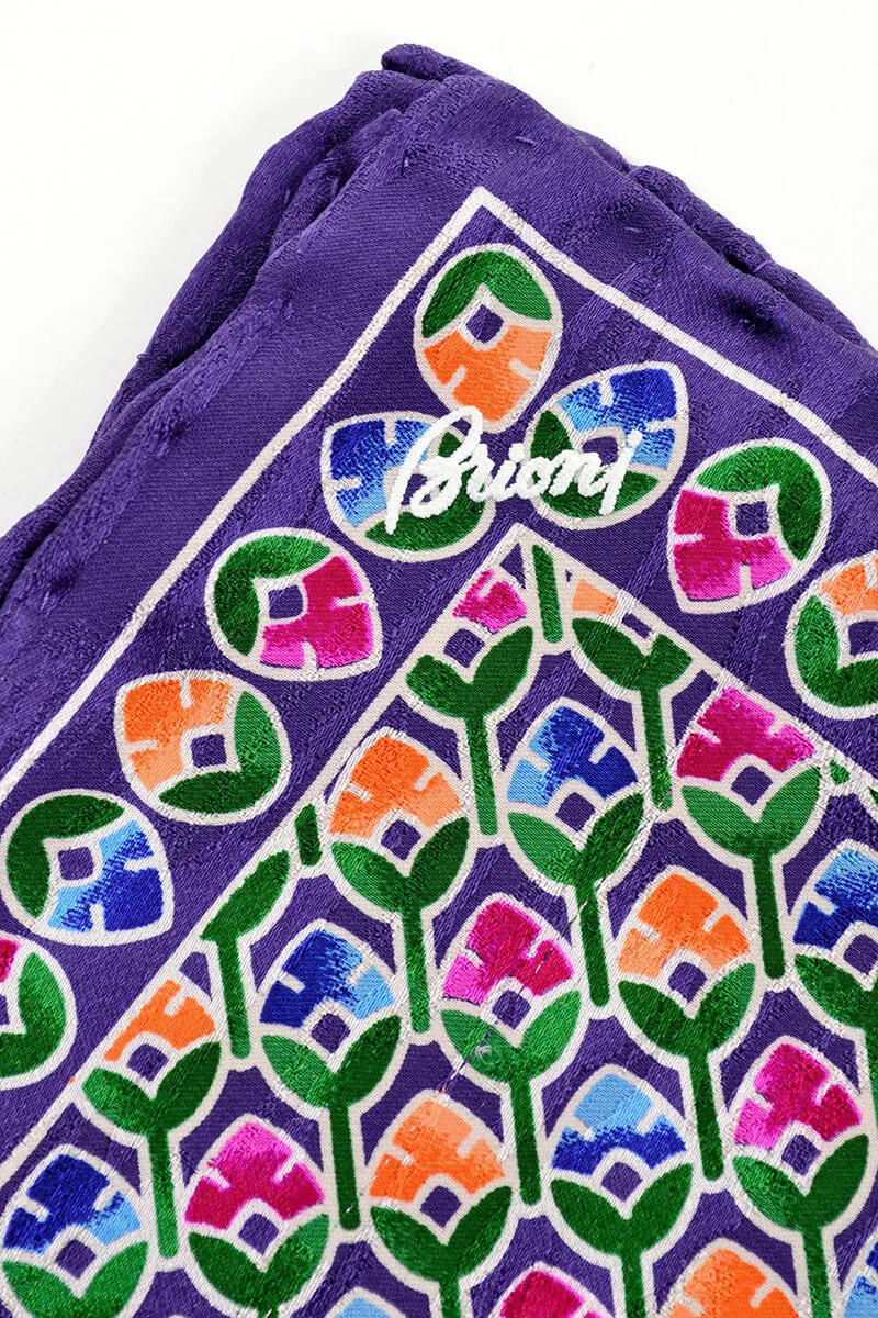 Hand Rolled Brioni Purple Silk Floral Pocket Square Handkerchief