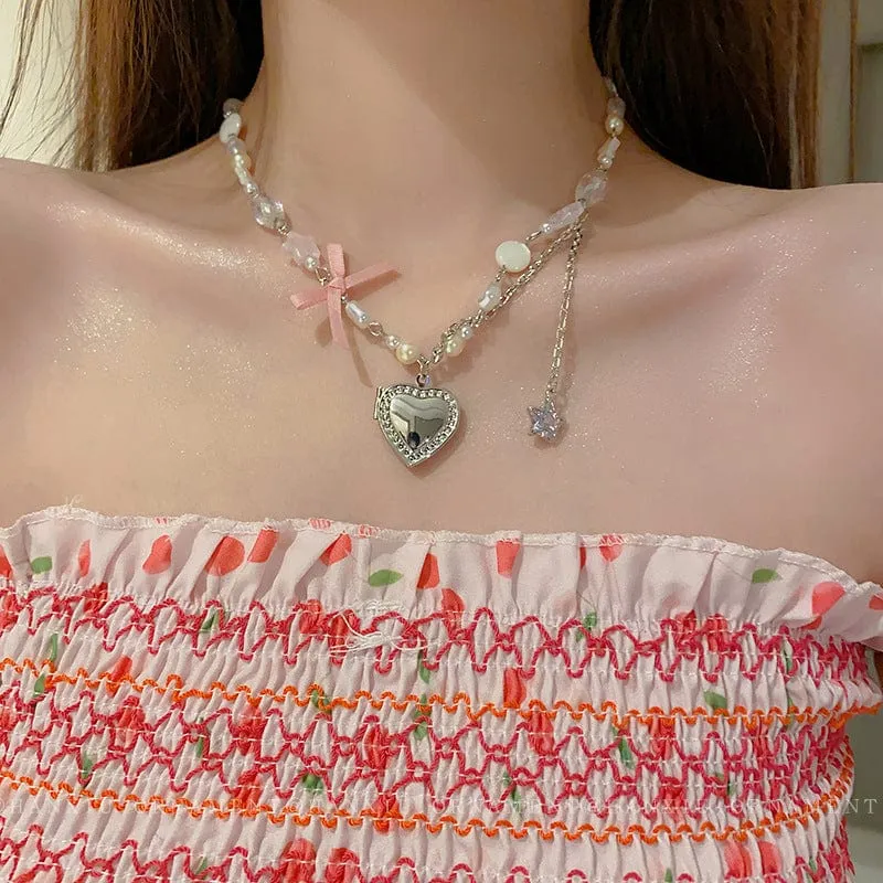 Heart Pendant Crystal Star Pearl Chain Choker Necklace