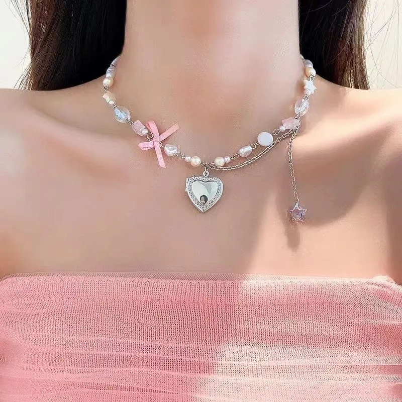 Heart Pendant Crystal Star Pearl Chain Choker Necklace