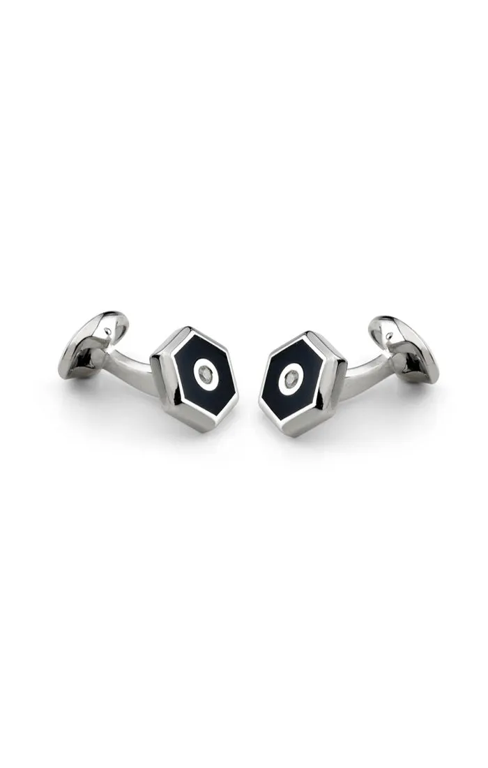 Hexagonal Cufflinks, Onyx, Diamond & Sterling Silver