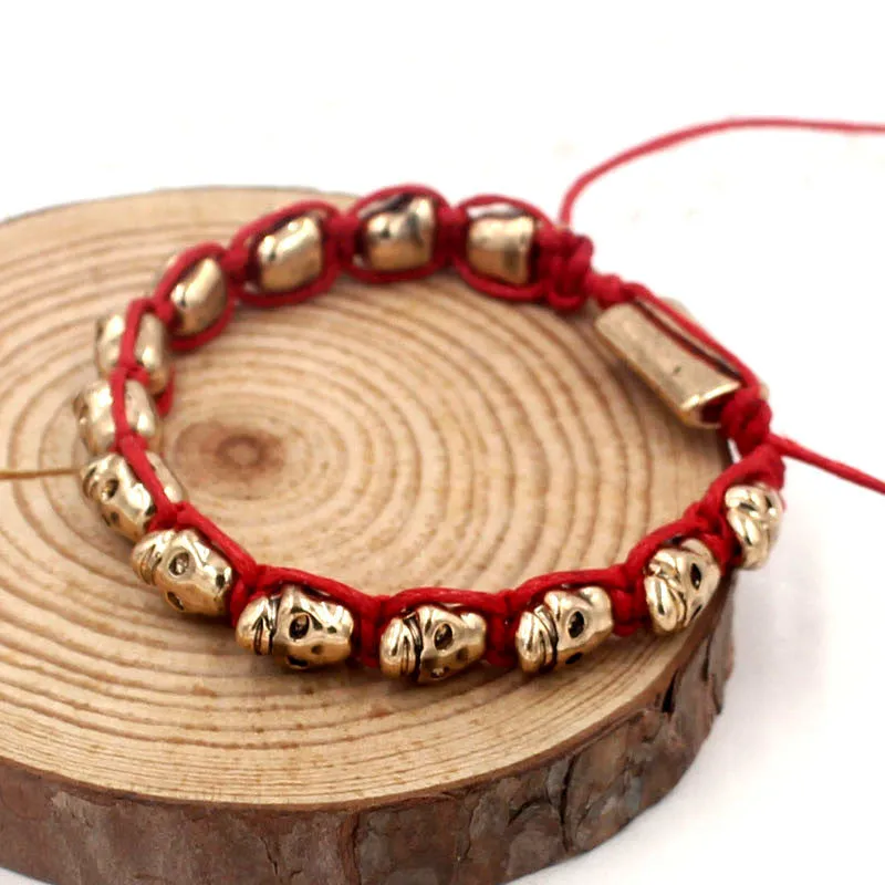 Hot Sale New Fashion Leather Lady Women Bracelet Red cord gold skulls bracelets