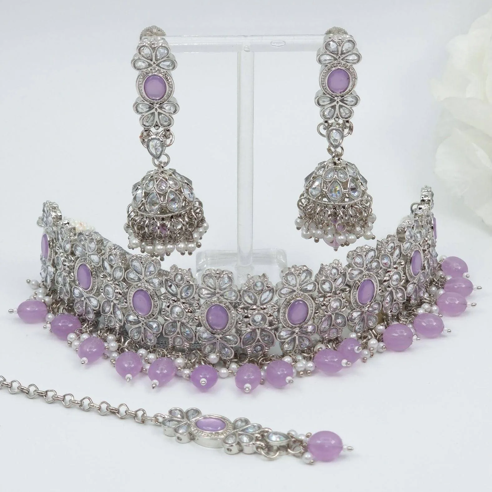 Husna - Polki Choker Necklace Set - Lilac