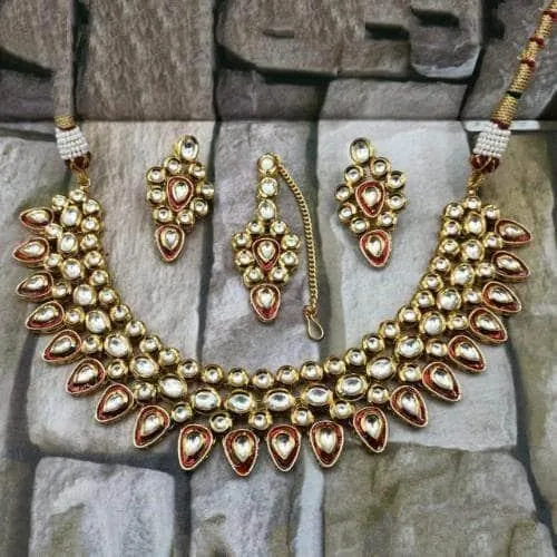 Inverted Drop Meena Outline Necklace And Earring Set