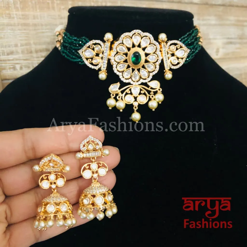 Jadau Rajwadi Pacchi Kundan CZ Choker/ Emerald CZ Kundan Jadau Choker