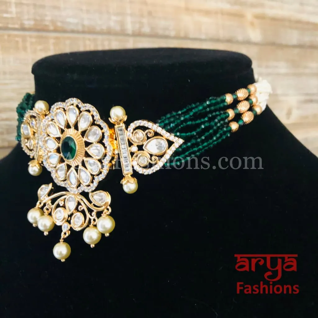 Jadau Rajwadi Pacchi Kundan CZ Choker/ Emerald CZ Kundan Jadau Choker