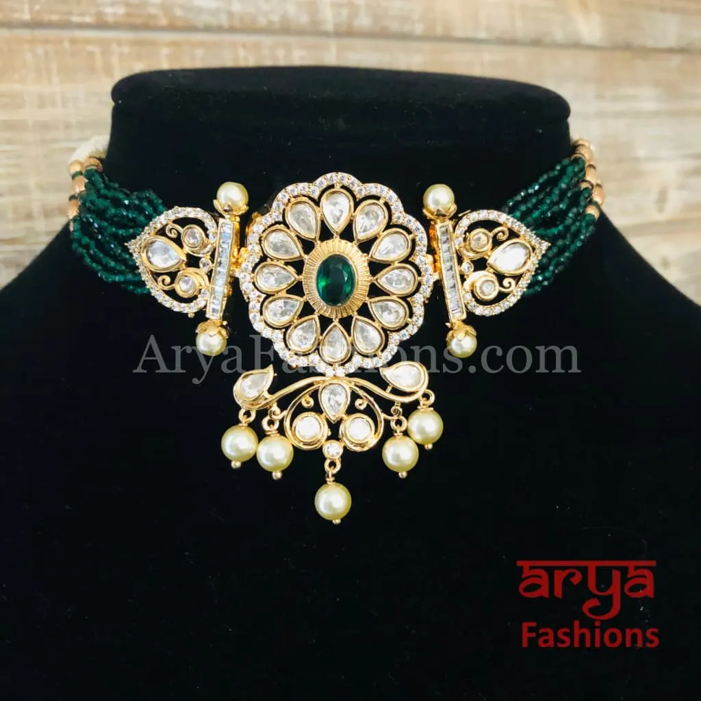 Jadau Rajwadi Pacchi Kundan CZ Choker/ Emerald CZ Kundan Jadau Choker