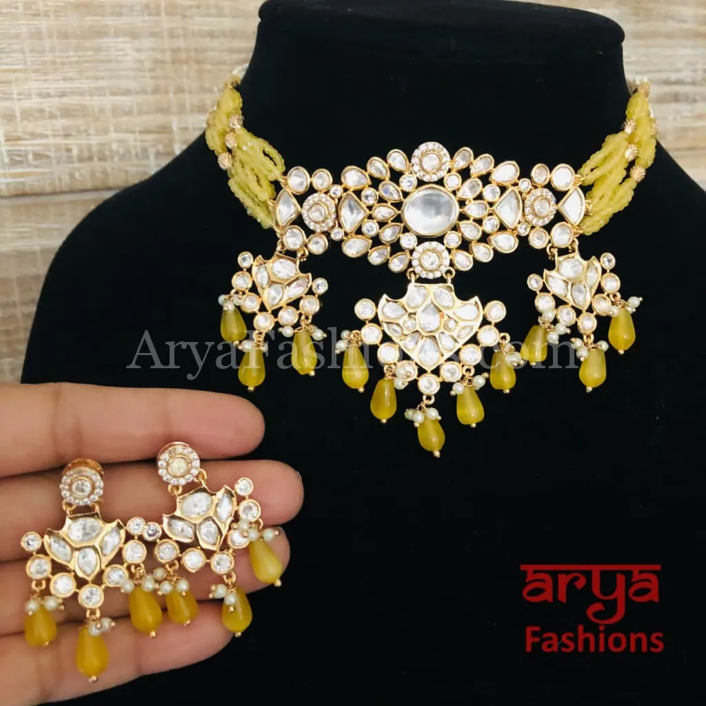 Jadau Rajwadi Pacchi Kundan CZ Choker/ Pink Choker/ Yellow Kundan Choker