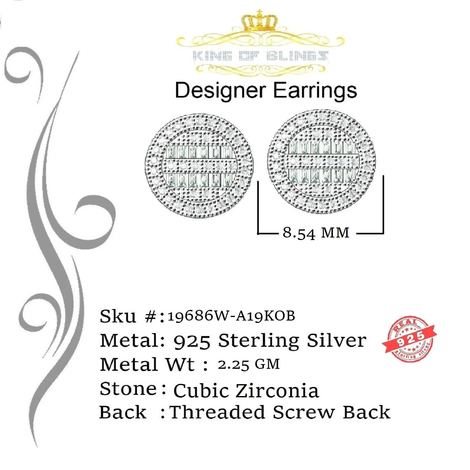 King of Blings- 0.91ct Cubic Zirconia Hip Hop Screw Back White925 Silver Women's & Men's Earring