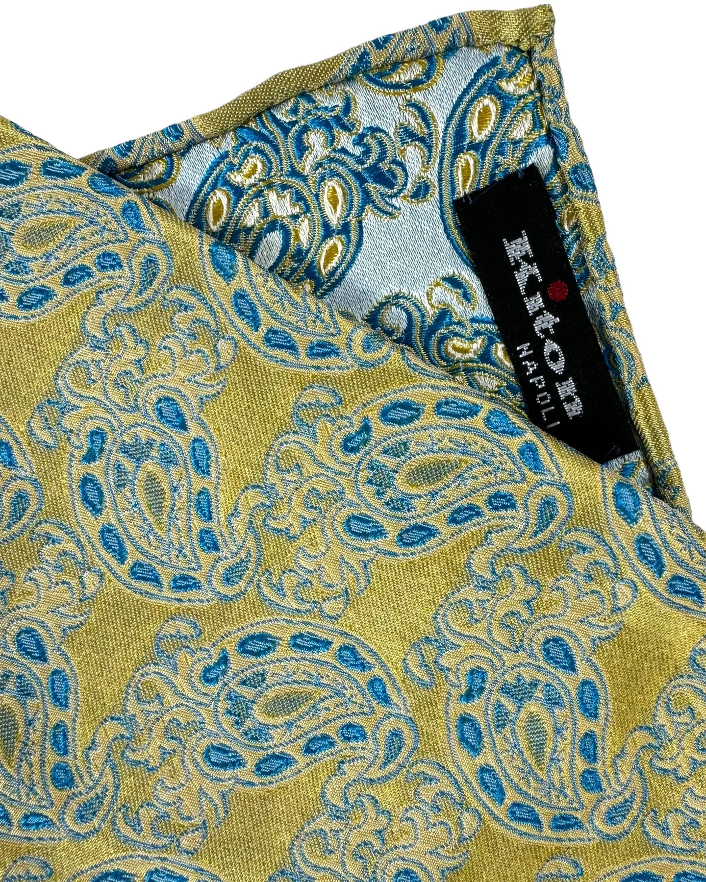 Kiton Silk Pocket Square Charteuse Blue Paisley FINAL SALE