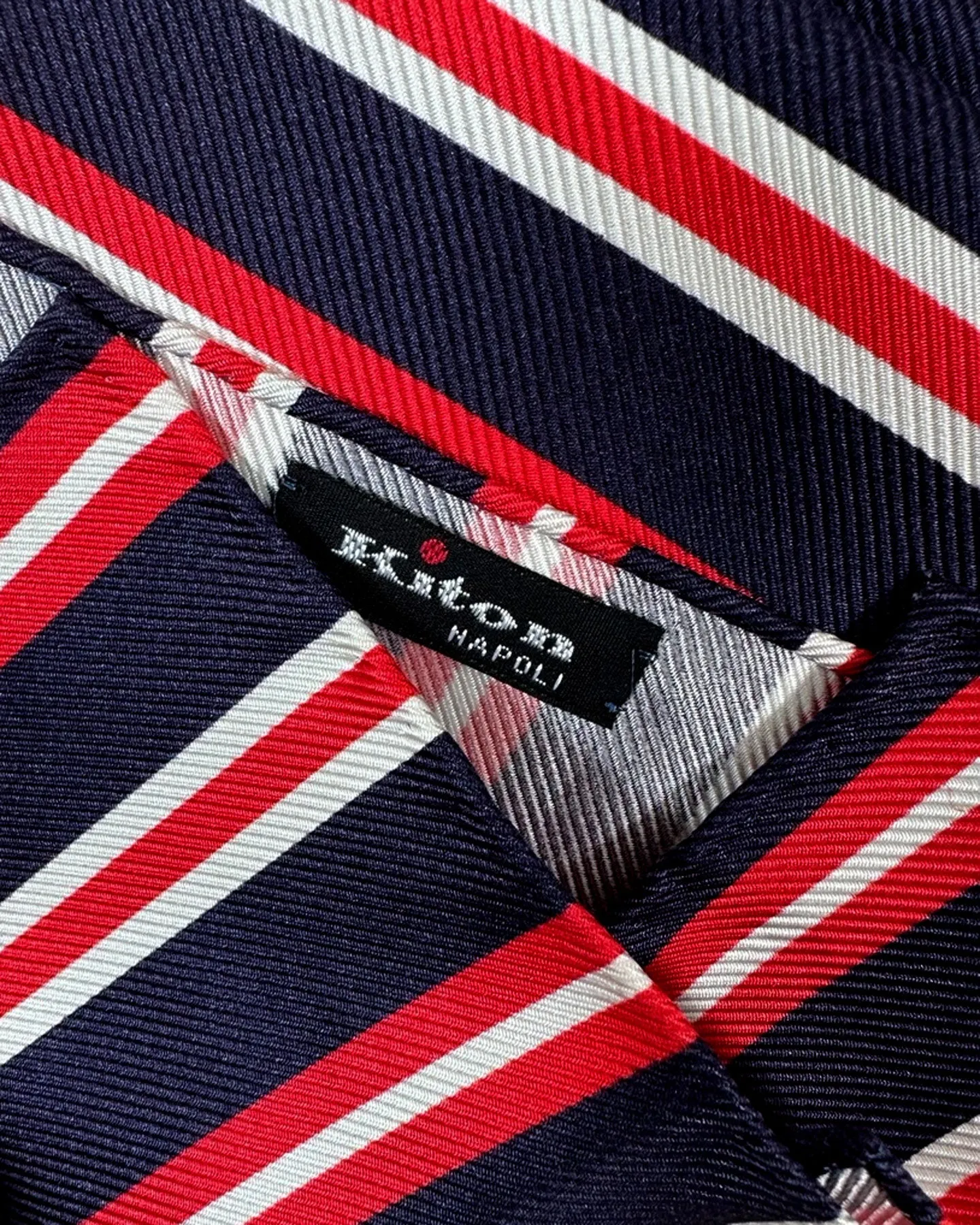 Kiton Silk Pocket Square Dark Blue Red Stripes FINAL SALE