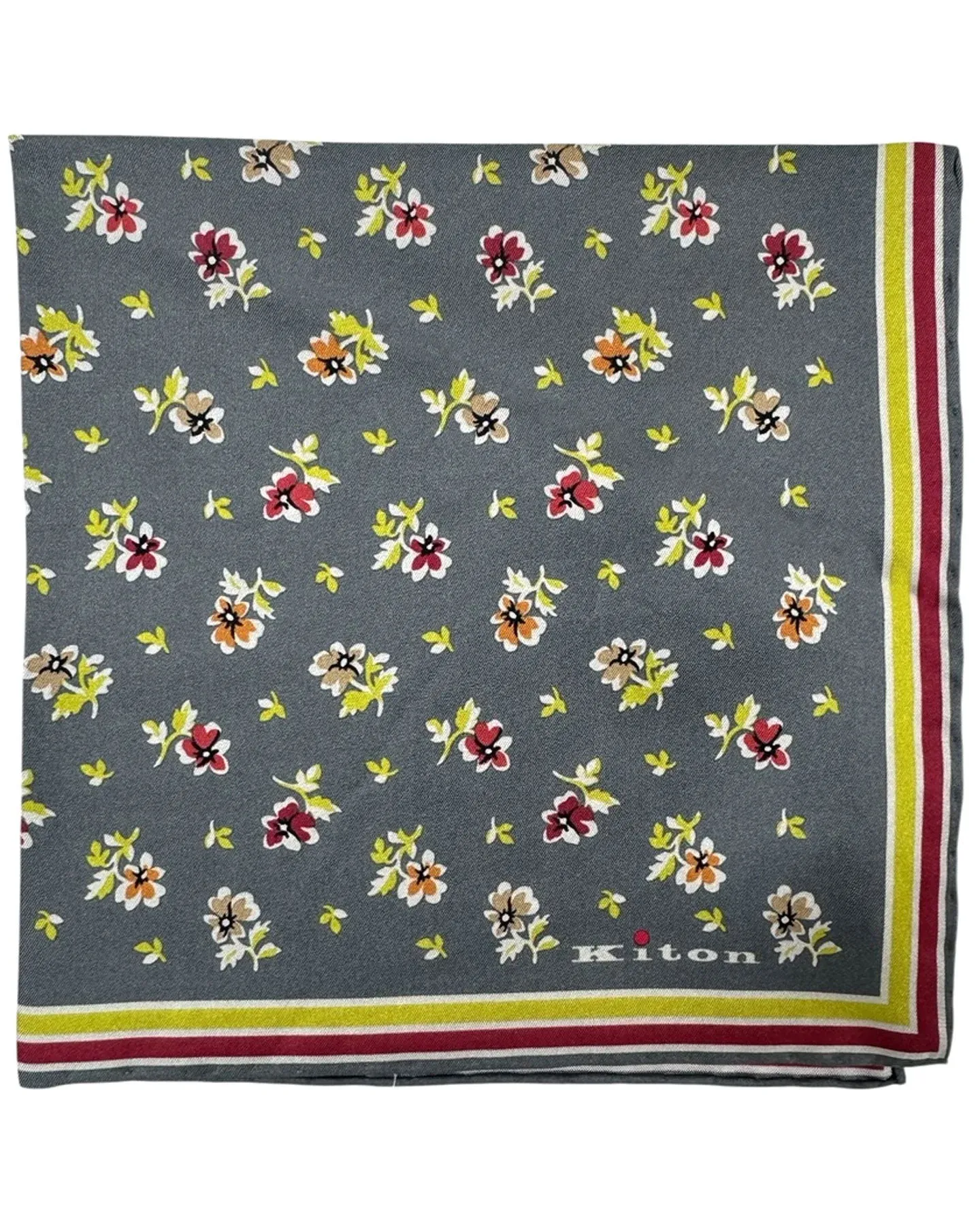 Kiton Silk Pocket Square Gray Lime Dark Red Floral