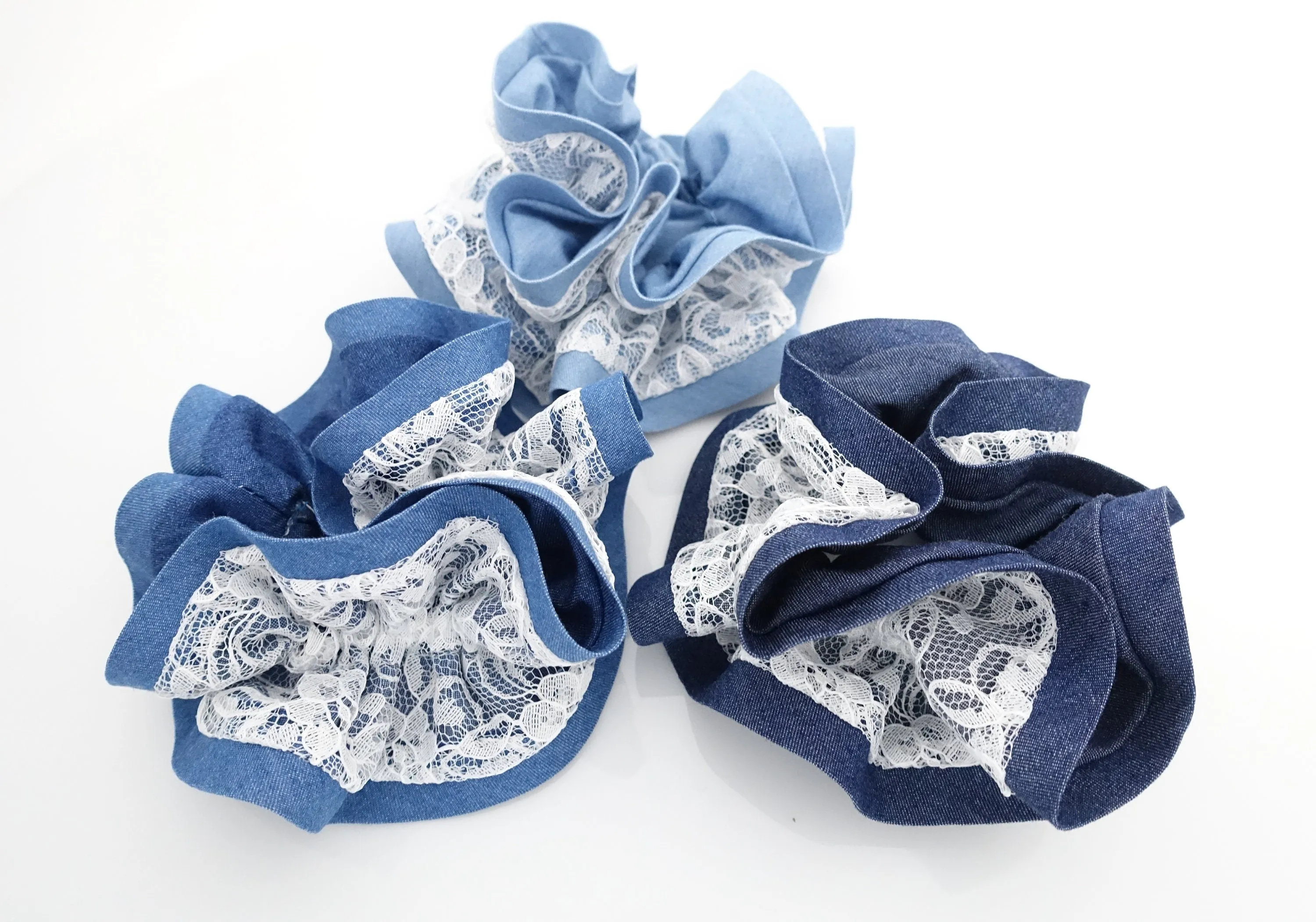 lace layered denim scrunchies woman hair elastic accessory