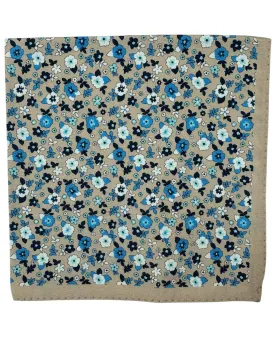 Luigi Borrelli Silk Pocket Square Taupe Blue White Mini Flowers SALE