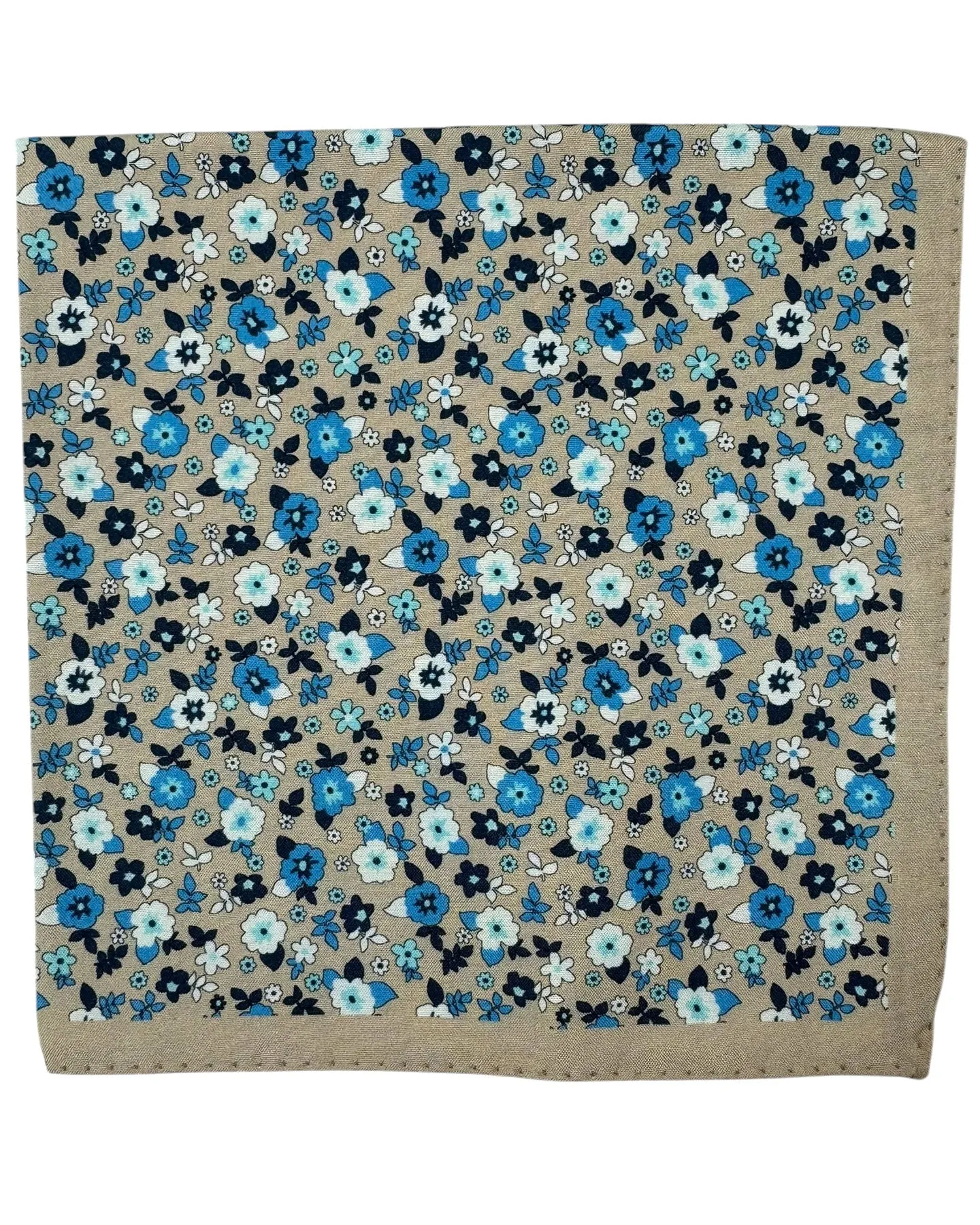 Luigi Borrelli Silk Pocket Square Taupe Blue White Mini Flowers SALE