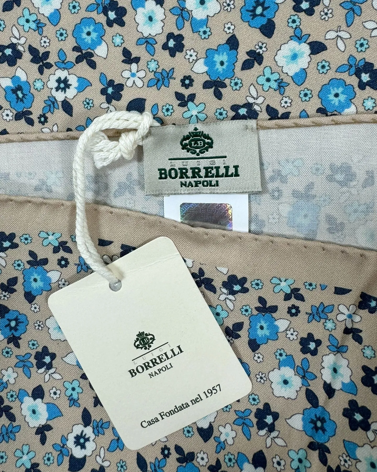 Luigi Borrelli Silk Pocket Square Taupe Blue White Mini Flowers SALE