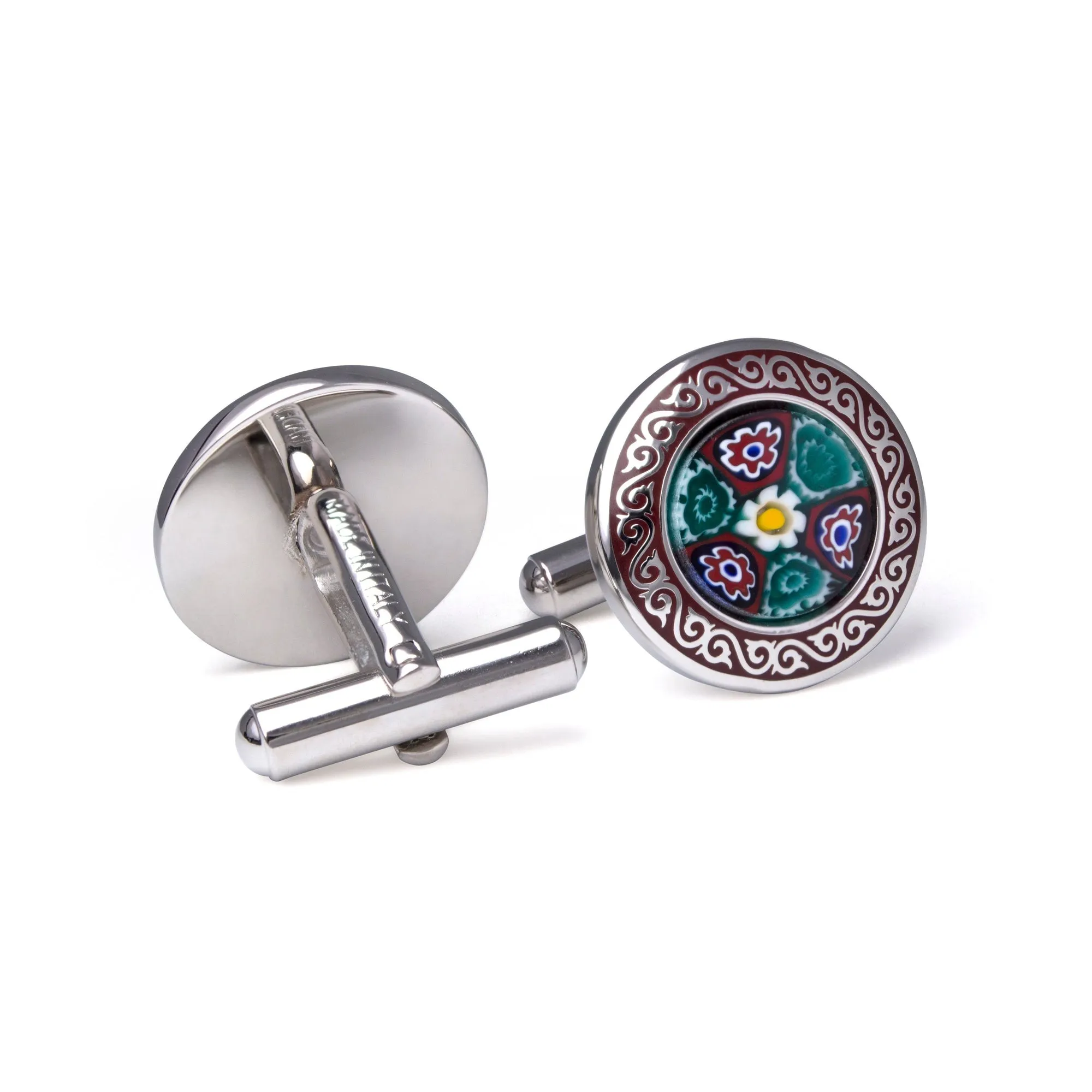 Maroon Round Murano Glass Cufflinks with Maroon Enamel