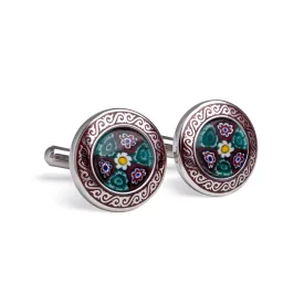 Maroon Round Murano Glass Cufflinks with Maroon Enamel