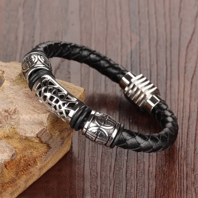 Men's Punk Jewelry Black Leather Rope Bracelets Stainless Steel Magnet Buckle Wristbands Man Vintage Bangles