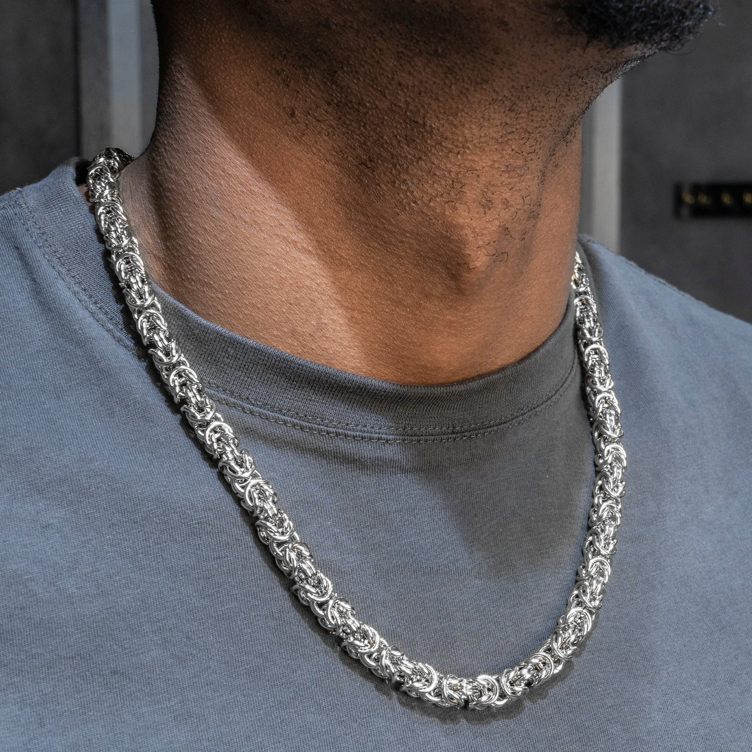 Mens White Gold Byzantine Chain