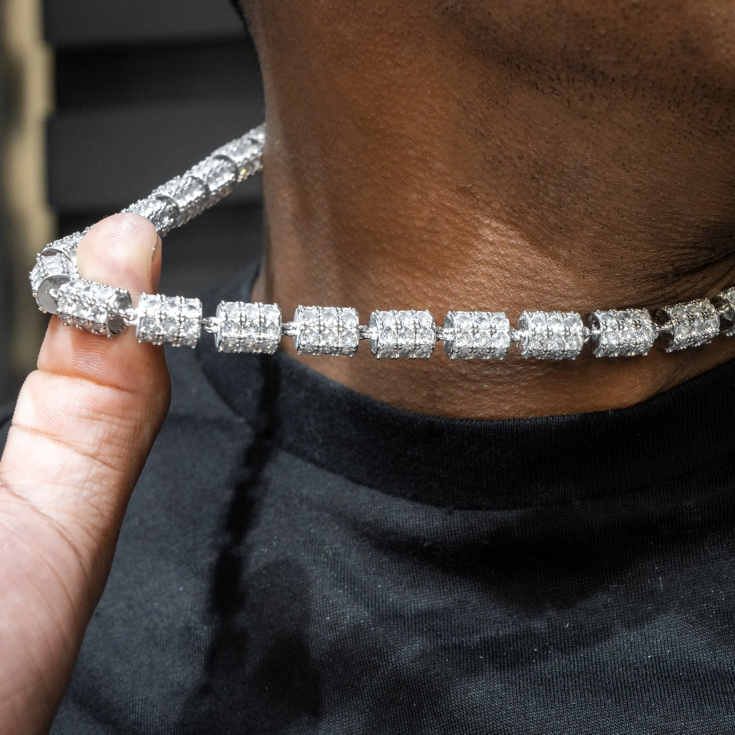 Mens White Gold Iced Out Barrel Chain