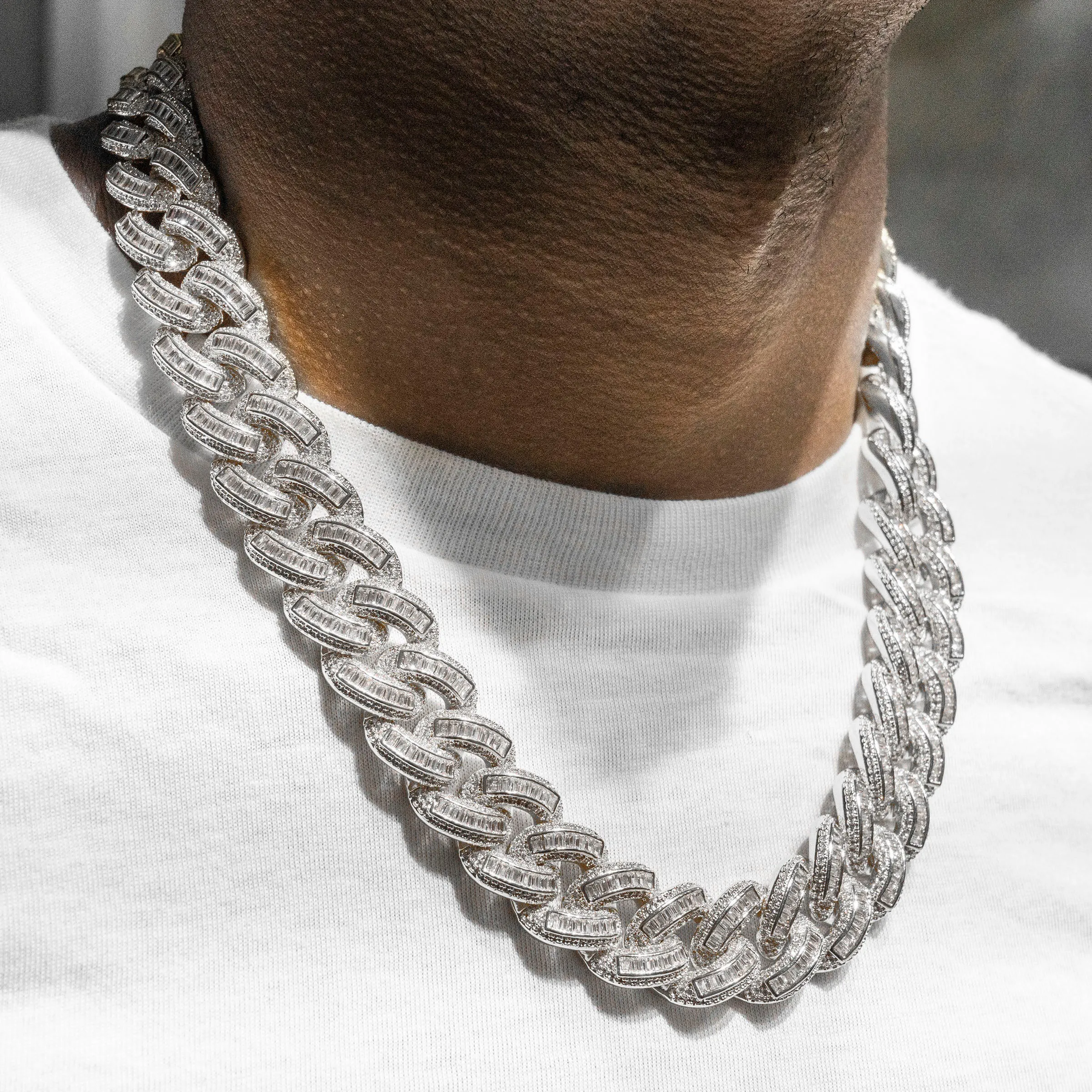 Mens White Gold Iced Out Chain Baguette Miami Cuban Link