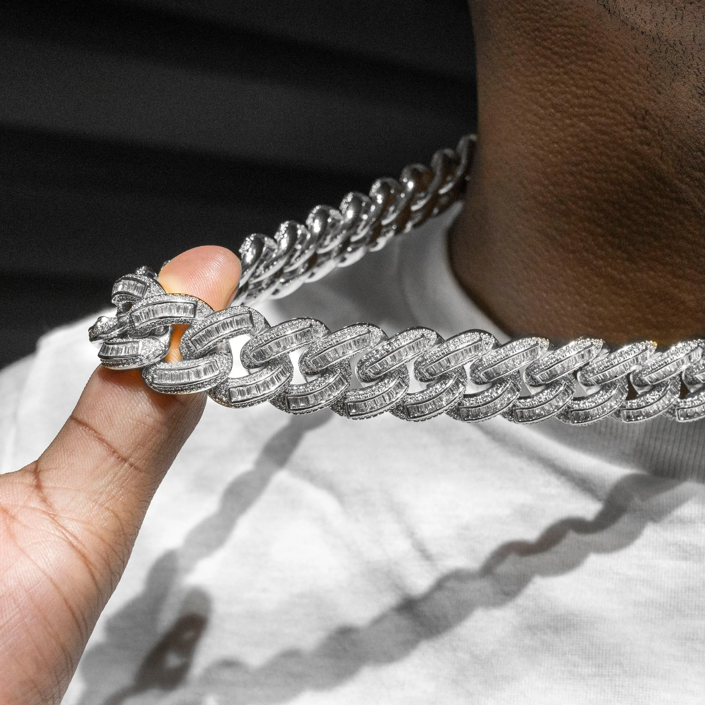 Mens White Gold Iced Out Chain Baguette Miami Cuban Link