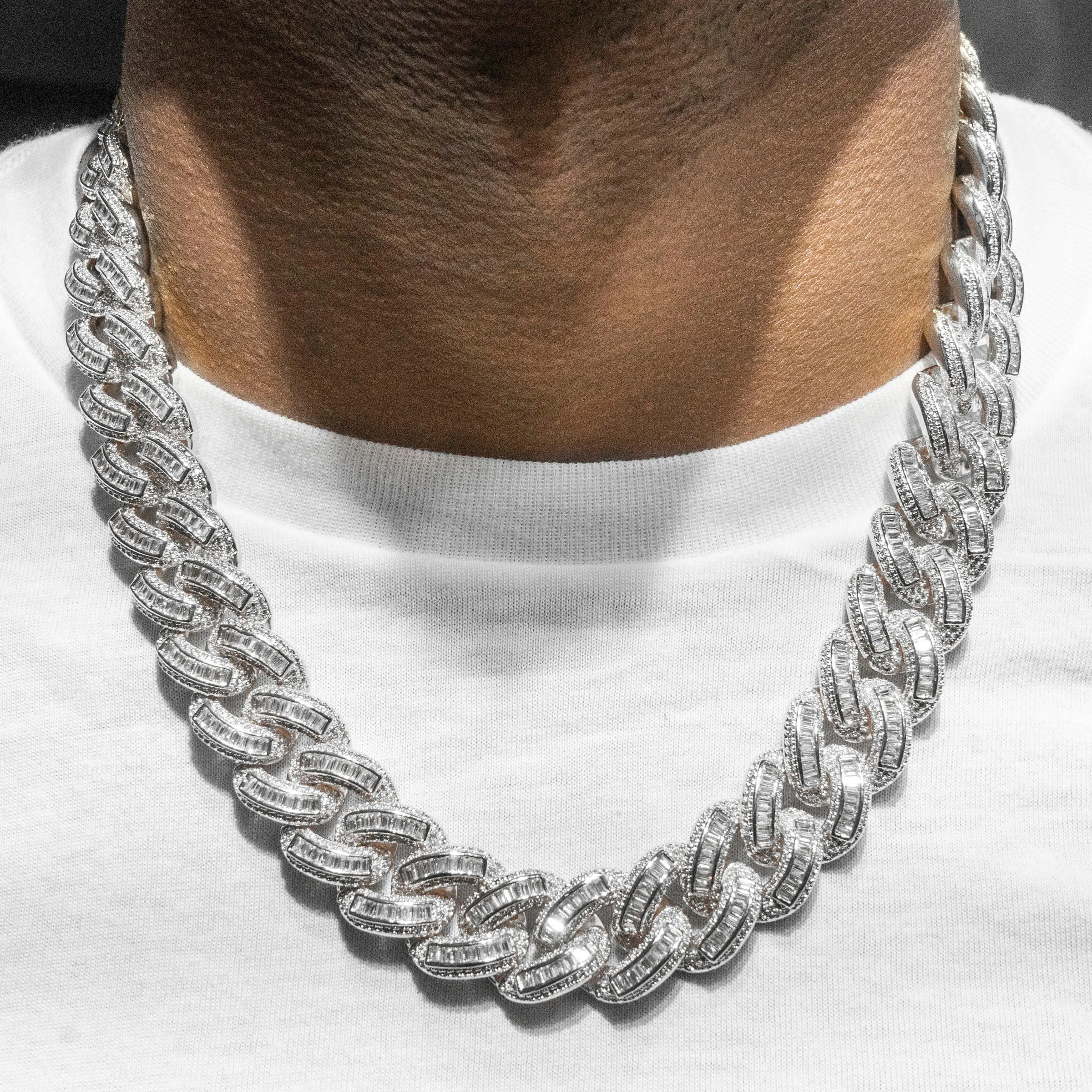 Mens White Gold Iced Out Chain Baguette Miami Cuban Link