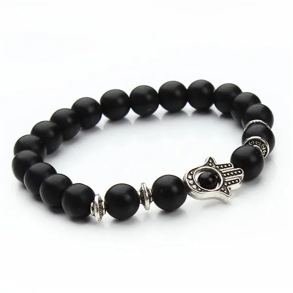 Nature 8mm Black Lava Energy Stone Beads Bracelet Gold Hamsa Hand Charm Bracelet Yoga Mala Bracelets