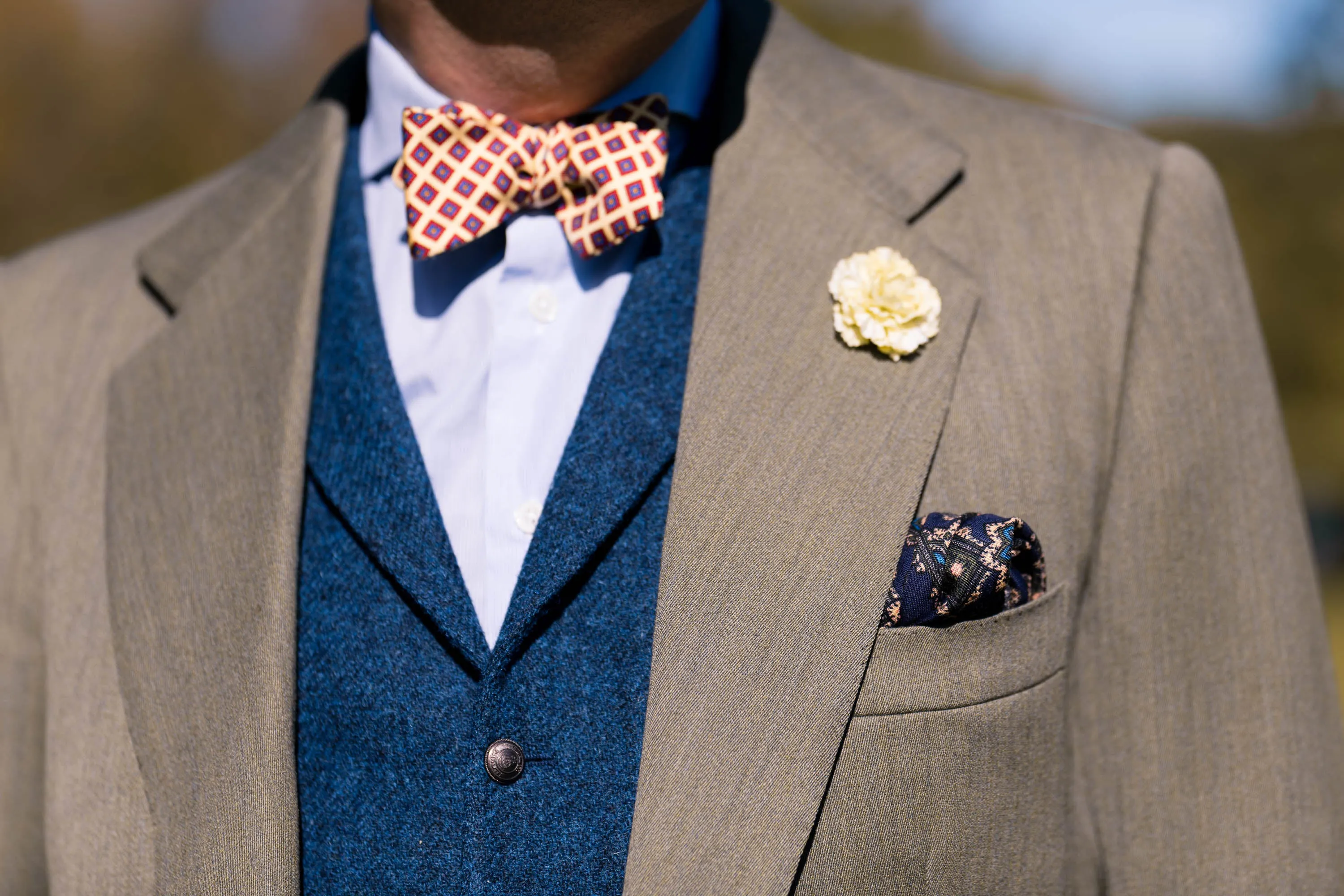 Navy Blue Geometric Medallion Silk Wool Pocket Square