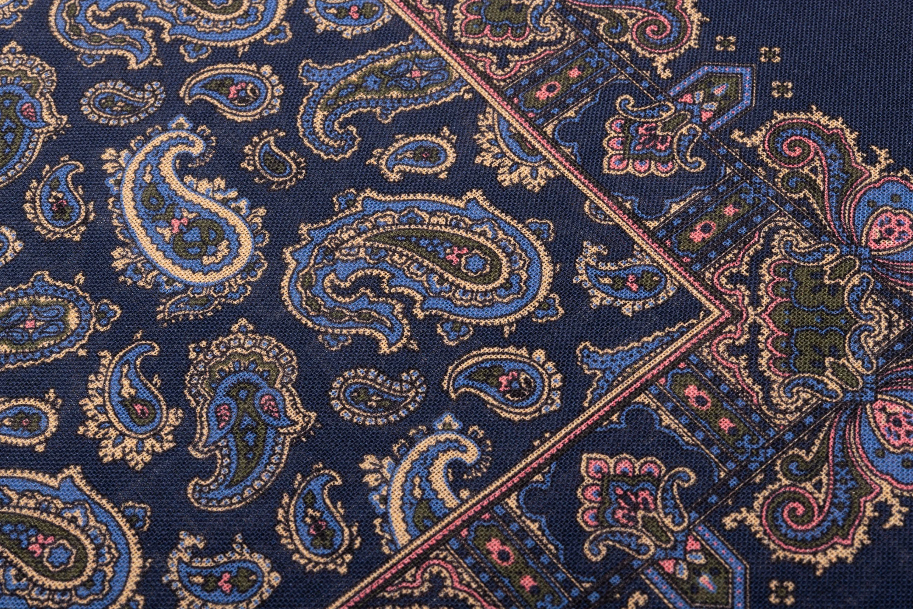 Navy Blue Paisley Silk Wool Pocket Square