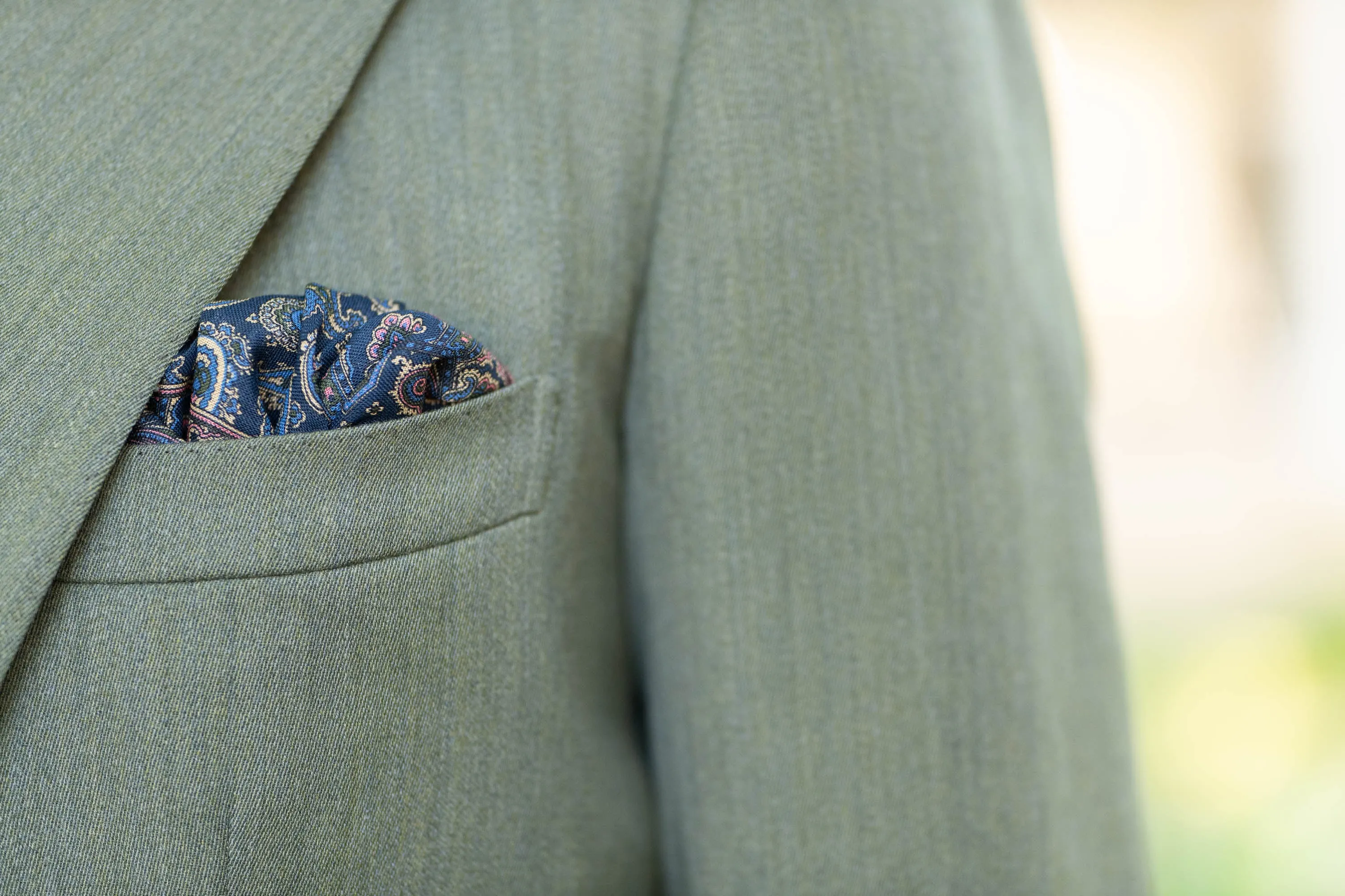 Navy Blue Paisley Silk Wool Pocket Square