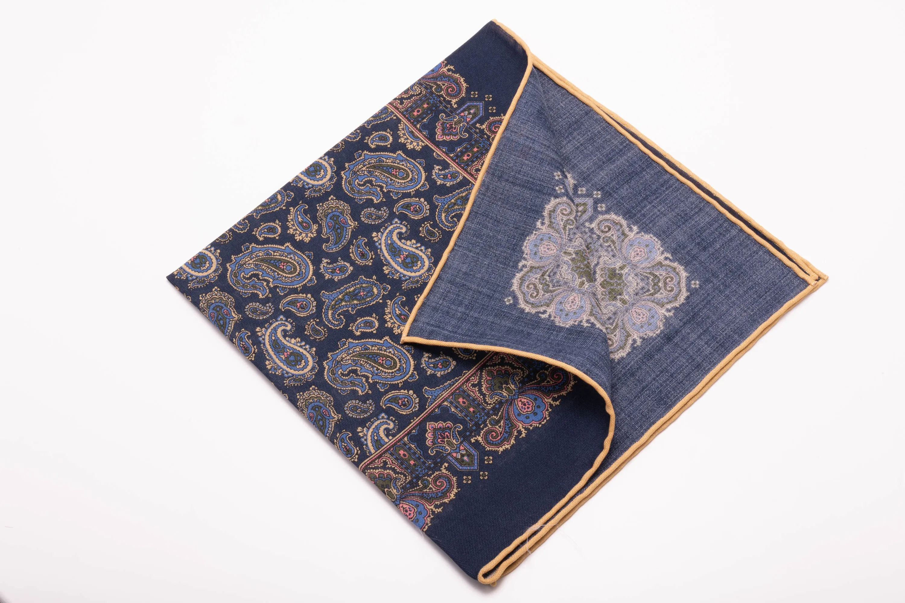 Navy Blue Paisley Silk Wool Pocket Square