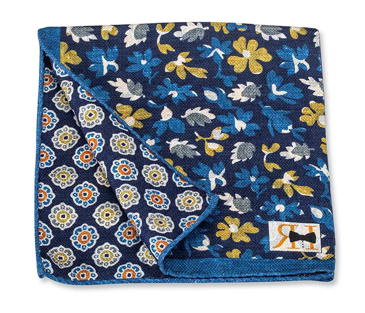 Navy Floral/Medallions Pocket Square - 5632