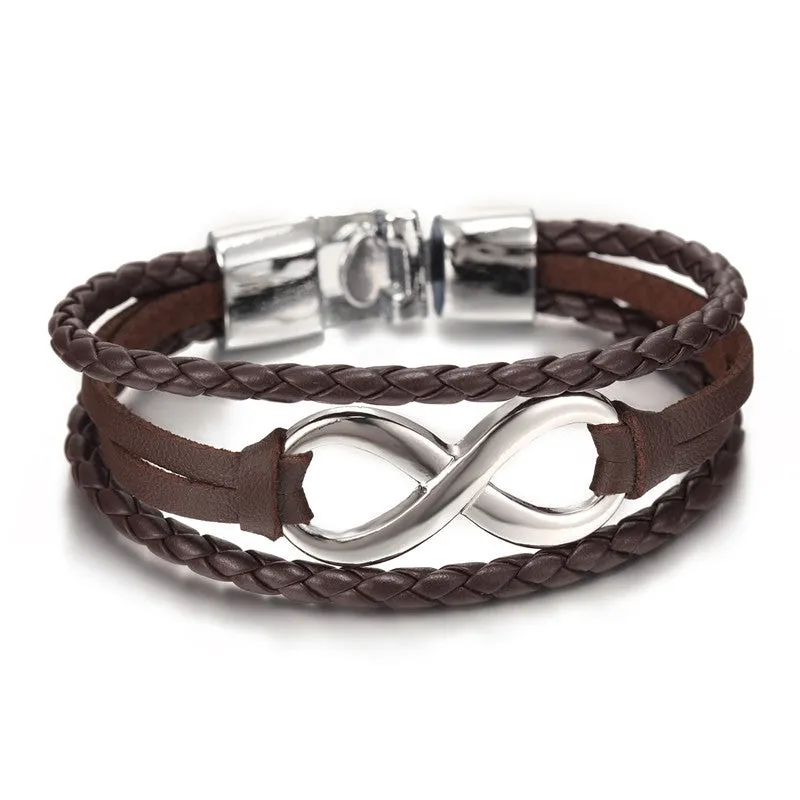 New Arrival Silver plated Infinity Bracelet Bangle Genuine Leather Hand Chain Buckle friendship men women bracelet