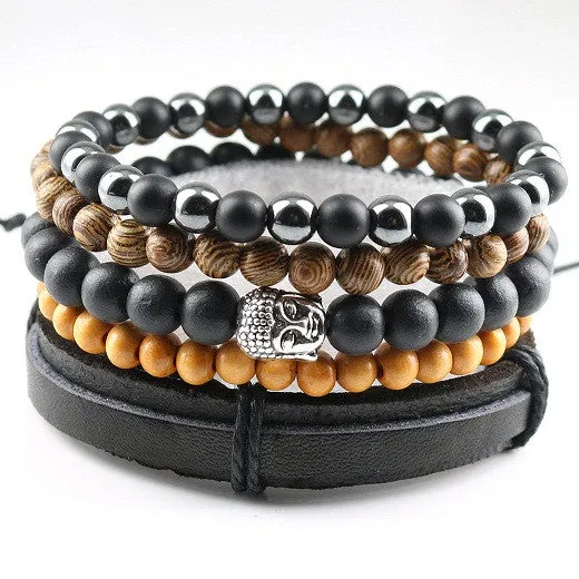 New Design 5 pcs 1 set Natural Stones Men Bracelets Women Charm Bracelets & Bangles Leather Wooden Beads Wrap Wristband Cuff