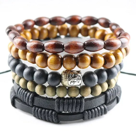 New Design 5 pcs 1 set Natural Stones Men Bracelets Women Charm Bracelets & Bangles Leather Wooden Beads Wrap Wristband Cuff