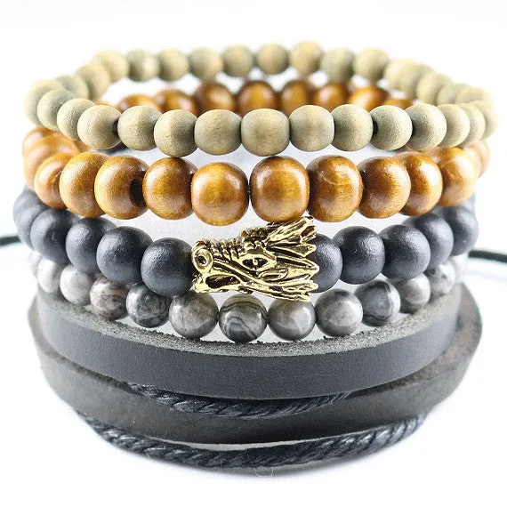 New Design 5 pcs 1 set Natural Stones Men Bracelets Women Charm Bracelets & Bangles Leather Wooden Beads Wrap Wristband Cuff