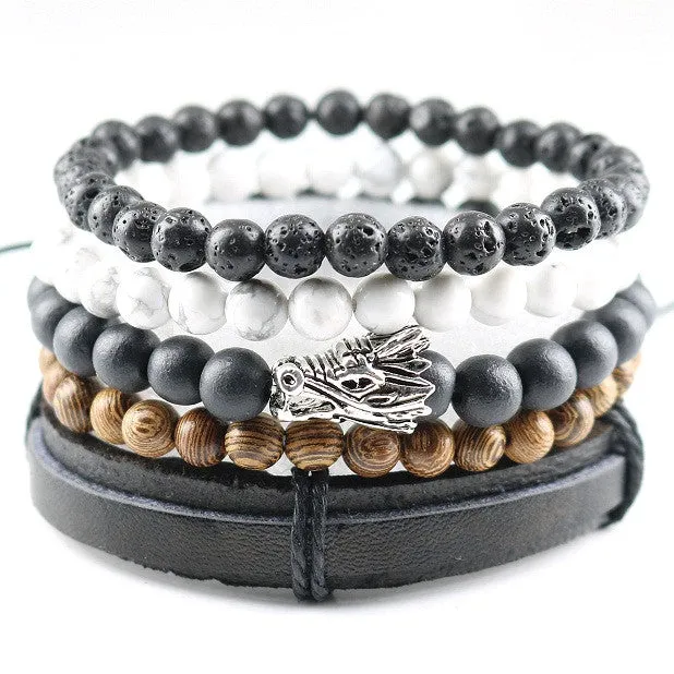 New Design 5 pcs 1 set Natural Stones Men Bracelets Women Charm Bracelets & Bangles Leather Wooden Beads Wrap Wristband Cuff