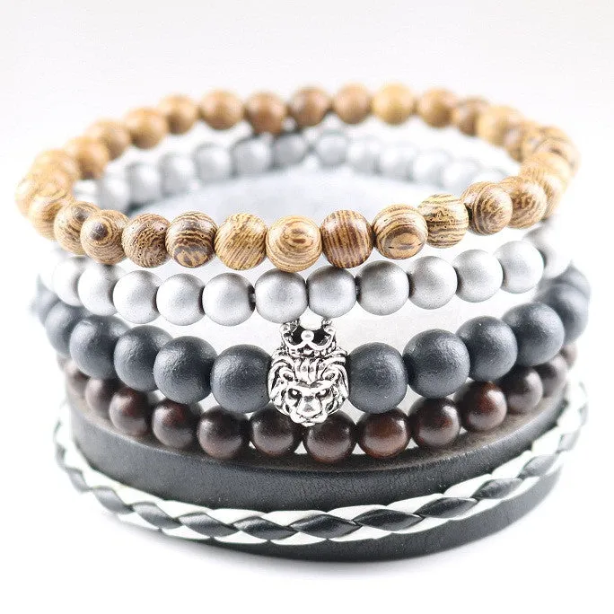 New Design 5 pcs 1 set Natural Stones Men Bracelets Women Charm Bracelets & Bangles Leather Wooden Beads Wrap Wristband Cuff