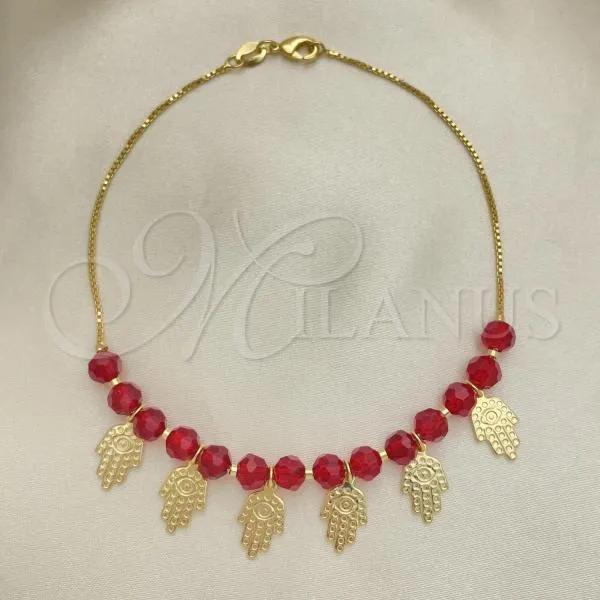 Oro Laminado Charm Anklet , Gold Filled Style Ball and Hand of God Design, with Garnet Crystal, Polished, Golden Finish, 03.32.0596.10