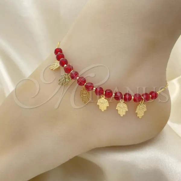 Oro Laminado Charm Anklet , Gold Filled Style Ball and Hand of God Design, with Garnet Crystal, Polished, Golden Finish, 03.32.0596.10